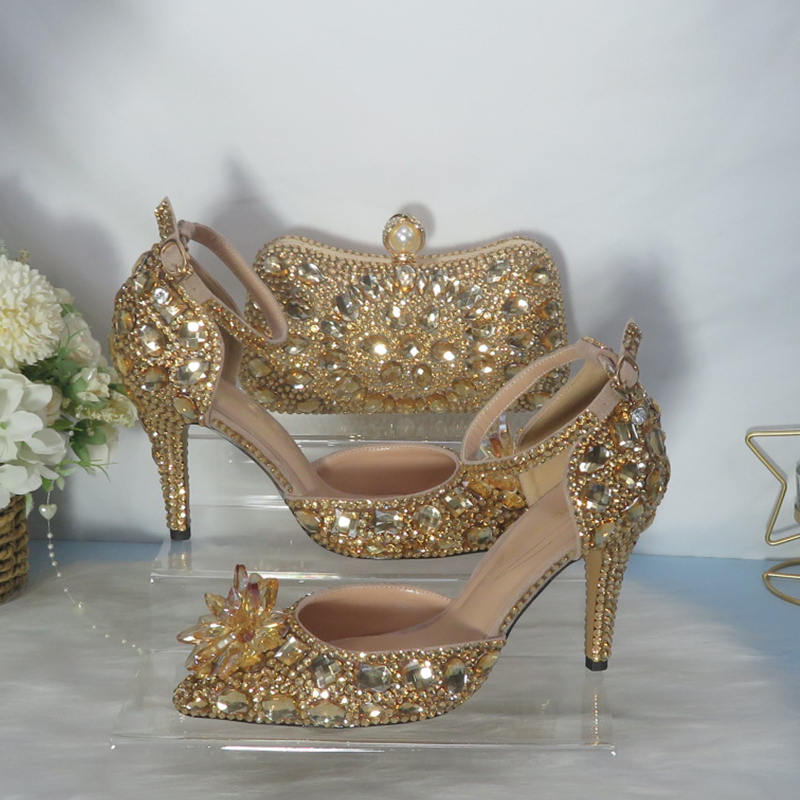 Women Bags Golden - 2021New Golden crystal Bridals Wedding shoes